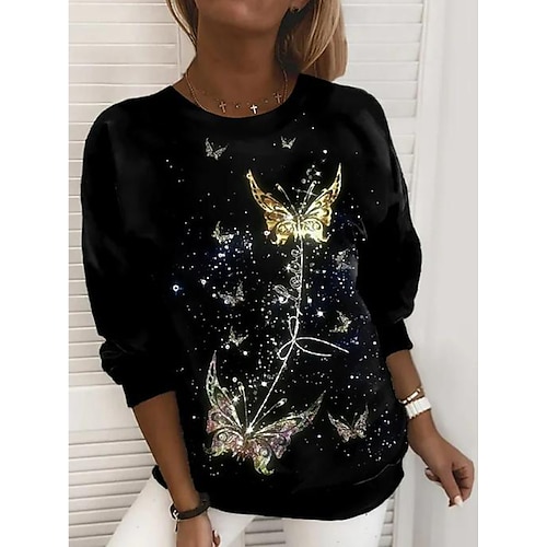 

Women's Sweatshirt Pullover Butterfly Active Sportswear Print Black White Yellow Casual Sports Round Neck Long Sleeve Top Micro-elastic Fall Winter