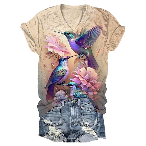 

Women's T shirt Tee Floral Bird Print Holiday Weekend Fashion Short Sleeve V Neck Purple Summer