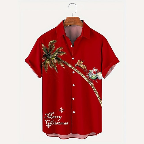 

Color Block Santa Claus Elk Casual Men's Aloha Shirt Christmas Outdoor clothing Daily Wear Fall Turndown Short Sleeve Black Red Burgundy S M L Shirt Normal