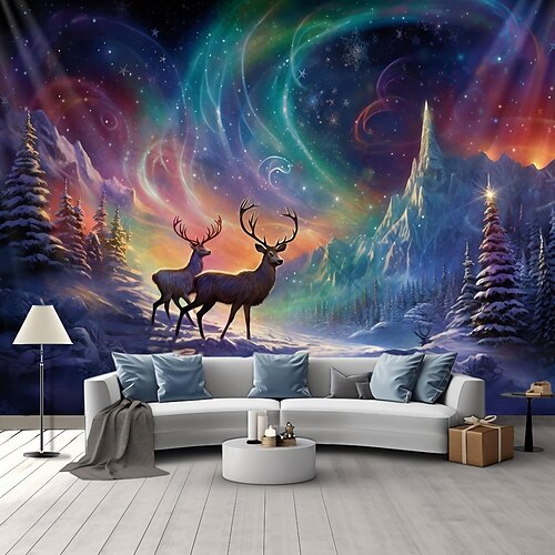 

Christmas Nordic Aurora Hanging Tapestry Wall Art Reindeer Xmas Large Tapestry Mural Decor Photograph Backdrop Blanket Curtain Home Bedroom Living Room Decoration