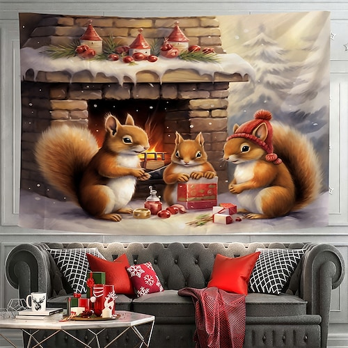 

Cute Squirrel Christmas Hanging Tapestry Wall Art Xmas Large Tapestry Mural Decor Photograph Backdrop Blanket Curtain Home Bedroom Living Room Decoration