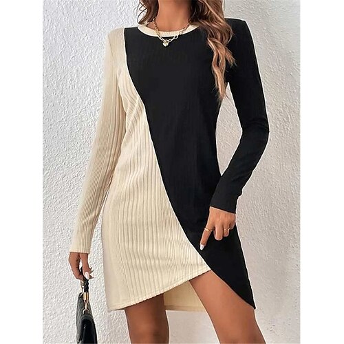 

Robe Pull Robe casual Robe d'hiver Femme Mini robe Patchwork A côtes du quotidien Rendez-vous Sortie Mode Vêtement de rue Col Ras du Cou manche longue 2023 Ample Kaki S M L XL XXL