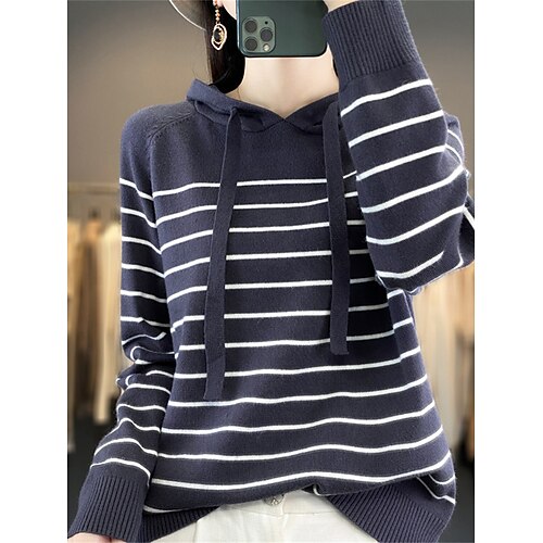 

Damen Pullover Mit Kapuze Gerippt Stricken Polyester Patchwork Herbst Winter Standard Outdoor Täglich Ausgehen Stilvoll Brautkleider schlicht Weich Langarm Gestreift Schwarz Weiß Marineblau S M L