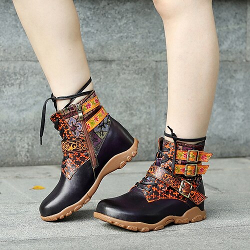 

Mulheres Botas Coturnos sapatos feitos à mão Sapatos vintage Diário Botas Botas Tornozelo Presilha Ziper Sem Salto Ponta Redonda Vintage Casual Poliester Pele de Carneiro zíper Floral Roxo