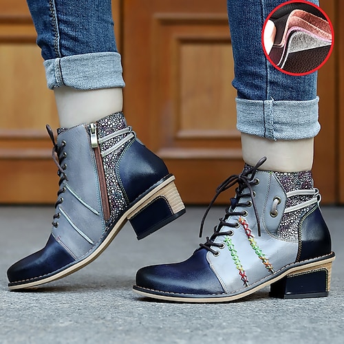 

Mujer Botas Botas con cordones Zapatos hechos a mano Zapatos antiguos Diario Botines Botines Invierno Purpurina Cremallera Con Cordón Tacón Cuadrado Dedo redondo Vintage Casual Confort Cuero