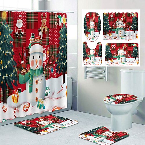 

Weihnachts-Badezimmer-Deko, 4-teiliges Duschvorhang-Set, Badezimmer-Sets, moderne Heim-Badezimmer-Dekoration mit Badematte in U-Form und Toilettendeckel-Abdeckmatte und 12 Haken