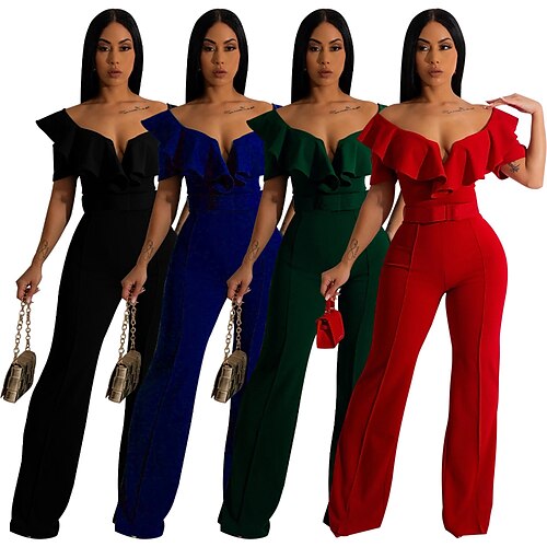 

Mujer Mono Volante Alta cintura Color sólido Hombros Caídos Elegante Boda Fiesta Ajuste regular Manga Corta Negro Rojo Azul Piscina S M L Otoño