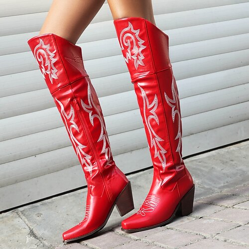 

Femme Bottes Bottes Cow boy Soirée Cuissardes Broderie Talon Bottier Bout pointu Bohême Polyuréthane Fermeture Broderie Rose Rouge Marron