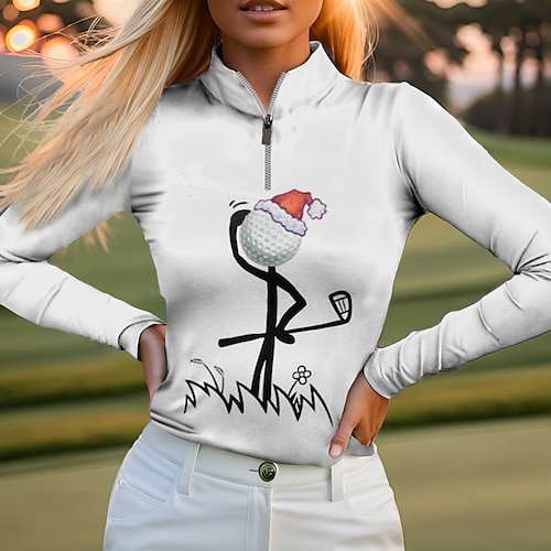 

Women's Polo Shirt Christmas Golf Shirt Breathable Quick Dry Moisture Wicking Long Sleeve Golf Apparel Golf Clothes Regular Fit Zipper Stand Collar Printed Spring Autumn Tennis Golf Pickleball