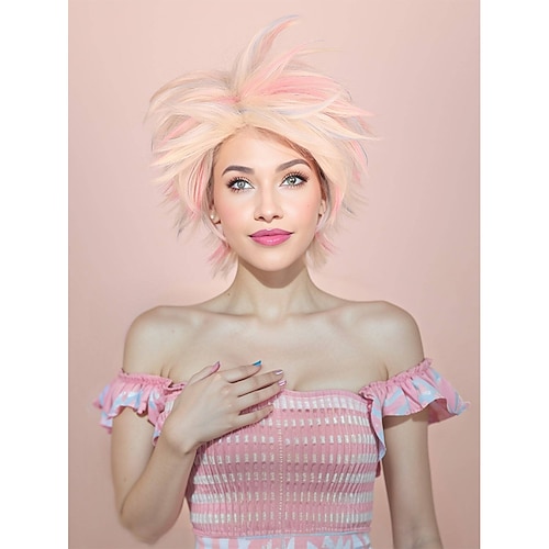 

12 pouces courte blonde dorée mélangée avec rose bleu perruque de cheveux synthétiques raides résistants à la chaleur pour femmes avec coque pour Halloween utilisation quotidienne de fête perruques