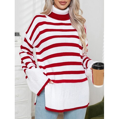 

Pull Femme A côtes Tricoter Col Roulé Acrylique Poche Fendu Tricoté Automne Hiver Normal Extérieur du quotidien Sortie mode Décontractées Flexible manche longue Rayé Noir Rouge Abricot S M L