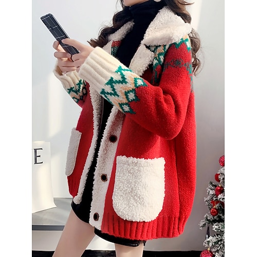 

Mulheres Suéter de Natal feio Sueter Cardigan Colarinho de Camisa Estriado Tricotar Polyester Botão Bolsos Outono Inverno Padrão Ao ar livre Natal Diário à moda Casual Macia Manga Longa Geométrica