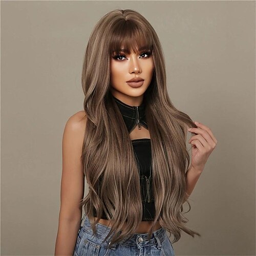 

Perucas sintéticas loiras mistas marrons com franja longa peruca de cabelo ondulado natural para mulheres uso cosplay diário resistente ao calor
