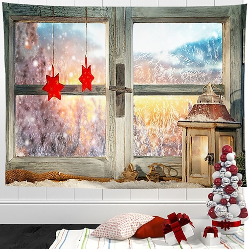 

Tapiz colgante con vista de ventana de Navidad, arte de pared, tapiz grande de Navidad, decoración mural, fotografía, telón de fondo, manta, cortina, hogar, dormitorio, sala de estar