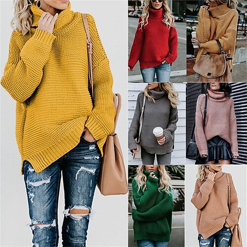 

Pull Femme Gauffré Tricoter Col Roulé Polyester Fendu Automne Hiver Normal Extérieur du quotidien Sortie mode Décontractées Flexible manche longue Couleur unie Safran des Indes Noir Jaune S M L