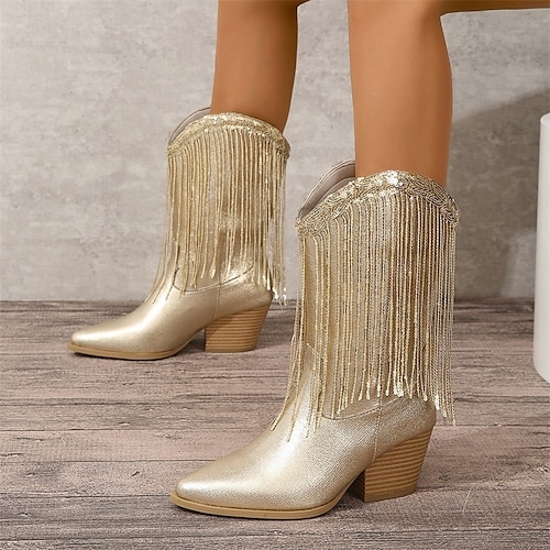 

Women's Boots Cowboy Boots Metallic Boots Outdoor Daily Mid Calf Boots Tassel Chunky Heel Pointed Toe Fashion Minimalism PU Loafer Gold