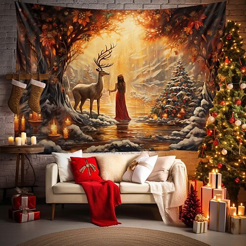 

Christmas Forest Elk Hanging Tapestry Wall Art Xmas Large Tapestry Mural Decor Photograph Backdrop Blanket Curtain Home Bedroom Living Room Decoration