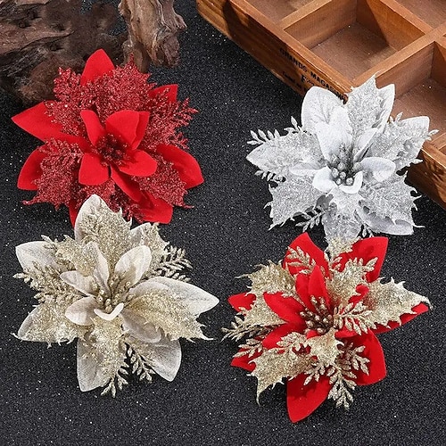 

1pcs large christmas poinsettia picks christmas tree glitter flowers decorations ornaments for christmas tree wreath winter christmas home decor