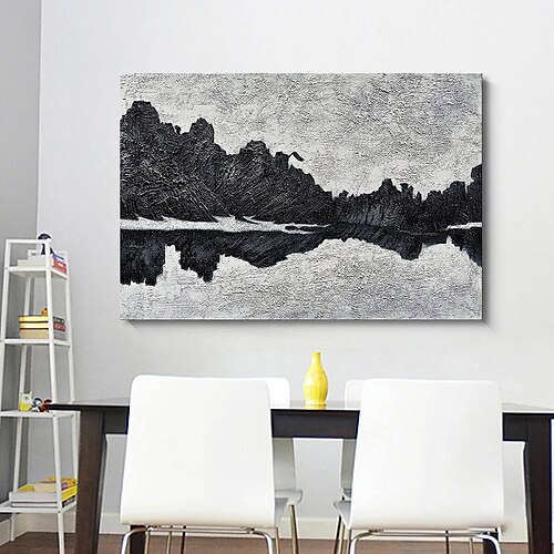 

Peinture à l'huile faite à la main sur toile, décoration murale moderne en noir et blanc, texture abstraite, paysage et reflet du lac pour la décoration intérieure, peinture roulée sans cadre, non