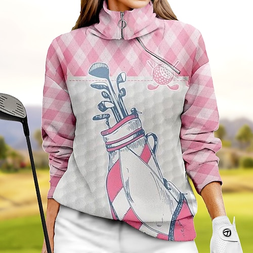 

Femme Sweat à capuche de golf Pull de golf Sweat Golf Chaud Respirable Evacuation de l'humidité manche longue Vêtements d'extérieur de golf Top Standard 1/4 Zip Col Montant Plaid Imprimé Printemps