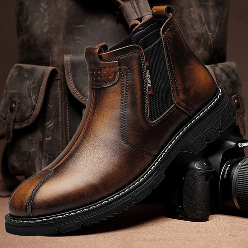 

Homens Botas Botas Chelsea Botas casuais Forro de Lã Caminhada Vintage Casual Ao ar livre Diário Couro Quente Aumentar a Altura Confortável Mocassim Preto Café Outono Inverno