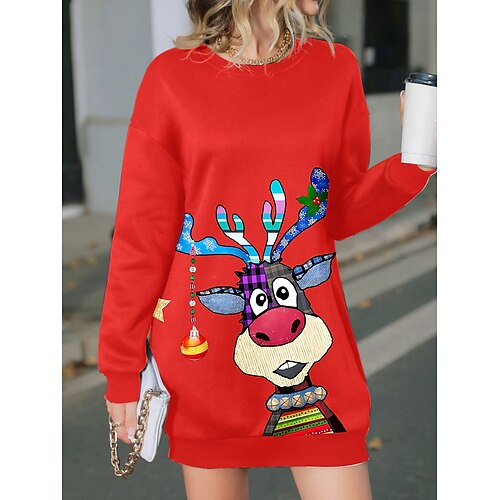 

Women's Casual Dress Christmas Dress Sweatshirt Dress Deer Print Crew Neck Mini Dress Fashion Streetwear Outdoor Christmas Long Sleeve Loose Fit Wine Fall Winter S M L XL XXL