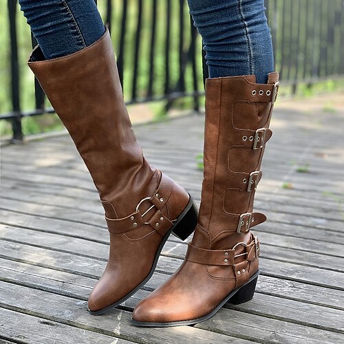 

Femme Bottes Bottes de Combat Bottes Moto Grandes Tailles Extérieur du quotidien Bottes genou Boucle Talon Cône Talon Bottier Bout rond Rétro Vintage Décontractées Minimalisme Faux Cuir Fermeture