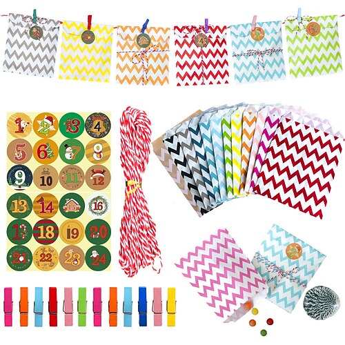 

Gift Bags for Presents,24 Sets Box Cookies Candy Bags, 1-24 Advent Calendar Stickers Clips Rope Wedding Favor Supplies