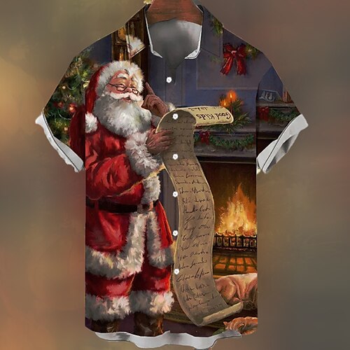 

Christmas Shirts Santa Claus Casual Men's Shirt Outdoor Christmas Street Fall Turndown Short Sleeve Dark Navy S M L