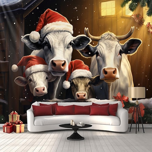 

Christmas Animal Cow Hanging Tapestry Wall Art Large Xmas Tapestry Mural Decor Photograph Backdrop Blanket Curtain Home Bedroom Living Room Decoration