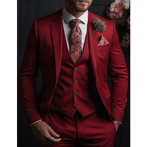 

Trajes de boda rojos para hombre, ropa navideña de 3 piezas de color liso, corte entallado, botonadura sencilla, dos botones, 2023