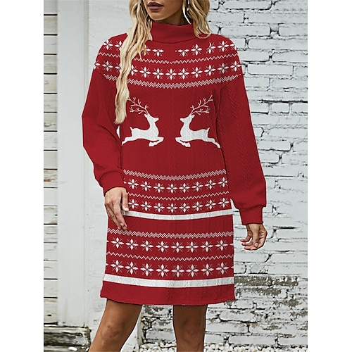 

Women's Christmas Sweater Dress Jumper Dress Winter Dress Warm Snowflake Deer Outdoor Christmas Daily Vacation Turtleneck Long Sleeve 2023 Loose Fit Burgundy S M L XL XXL 3XL