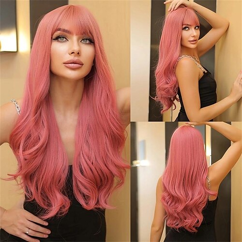 

Peluca larga de color rosa degradado para mujer, pelucas sintéticas de pelo rizado natural con flequillo, uso diario para cosplay de fiesta