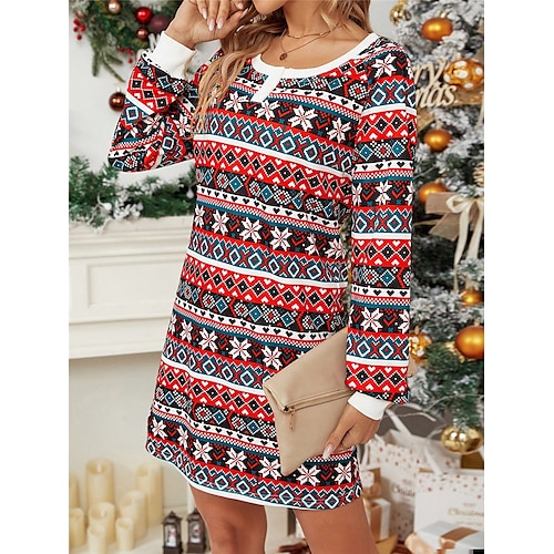 

Mulheres Vestido casual Roupa de inverno Vestido de Natal Floco de Neve Tosão Imprimir Gola Redonda Minivestido Moda Roupa de rua Ao ar livre Natal Manga Longa Ajuste Largo Vermelho Outono Inverno S