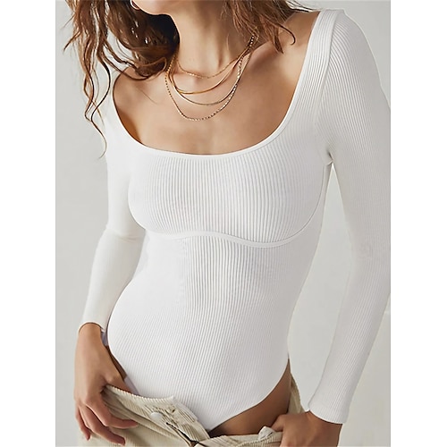 

Women's Bodysuit High Waist Solid Color Round Neck Active Home Street Regular Fit Long Sleeve White S M L Fall