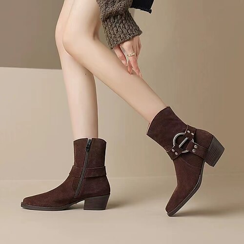 

Damen Stiefel Übergrössen Täglich Stiefeletten Stiefeletten Blockabsatz Spitze Zehe Vintage Kunst-Veloursleder Reißverschluss Feste Farbe Hellbraun Schwarz Kaffee