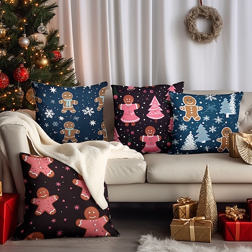 

Weihnachtsdekorationen, doppelseitiger Kissenbezug, 4 Stück, weich, dekorativ, quadratisch, Kissenbezug für Schlafzimmer, Wohnzimmer, Sofa, Couch, Stuhl, Schneemann, Schneeflocken