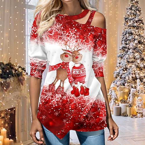 

Mujer Blusa Camisa de Navidad Rojo Copo Venados Cortado Asimétrico Estampado Manga Larga Navidad Casual Festival / Vacaciones Escote Redondo Ajuste regular Primavera Otoño