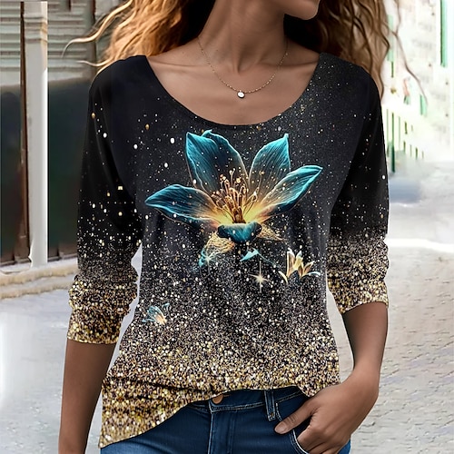 

Femme T shirt Tee Noir Floral Imprimer manche longue du quotidien Fin de semaine Mode Col Rond Standard Peinture Printemps Automne