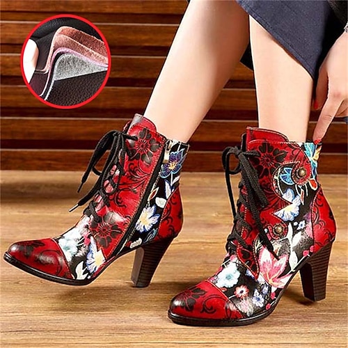 

Women's Boots Plus Size Handmade Shoes Heel Boots Daily Knee High Boots Rivet Lace-up Kitten Heel Pointed Toe Vintage Casual Comfort Leather Zipper Floral Red