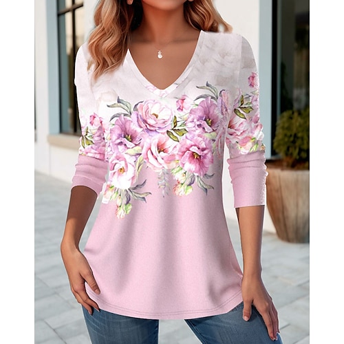 

Mujer Camiseta Floral Verde Claro Rosa Azul Piscina Estampado Manga Larga Festivos Fin de semana Moda Escote en Pico Ajuste regular Primavera & Otoño