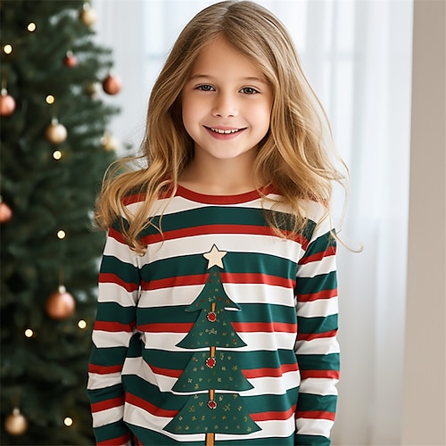 

Weihnachten Mädchen 3D Weihnachtsbaum Streifen T-Shirt Hemd Langarm 3D-Druck Herbst Winter Aktiv Modisch Kuschelig Polyester kinderkleidung 3-12 Jahre Rundhalsausschnitt Outdoor Casual Täglich