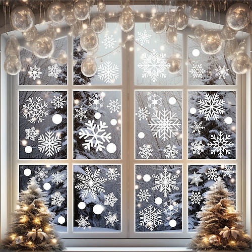 

6sheets/set, 114pcs Snowflake Window Stickers, Christmas Decorations, Winter Door Background Decoration, White Snowflake Electrostatic Glass Stickers
