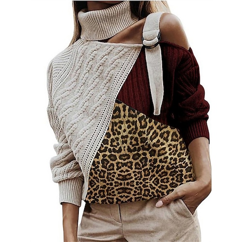 

Mujer Suéter de punto Cuello Alto Cable Tejer Acrílico Retazos Hombro frío Otoño Invierno Regular Exterior Diario Noche Elegante Casual Suave Manga Larga Leopardo Negro Vino Azul Piscina S M L