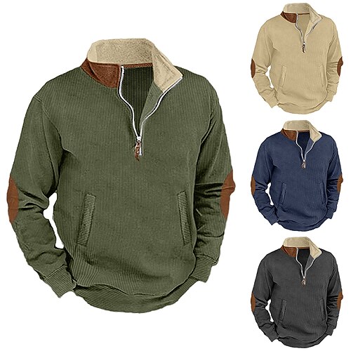 

Homme Sweat shirt Sweat-shirt quart de fermeture éclair Bleu Vert Gris foncé Beige Demi fermeture éclair Bloc de couleur Patchwork Poche Sport Loisir du quotidien Vacances Velours Côtelé Vêtement