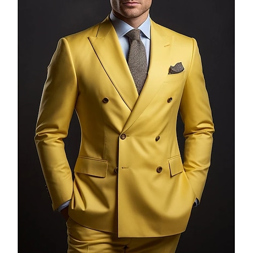 

Costumes de mariage jaunes pour hommes, 2 pièces, grande taille, couleur unie, coupe ajustée, double boutonnage, six boutons, 2023