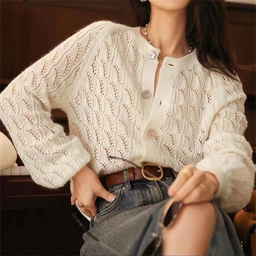 

Gilet Cardigan Pull Veste Femme A côtes Tricoter Col Ras du Cou Polyester Bouton Tricoté Automne Hiver Normal Extérieur du quotidien Vacances Mode Décontractées Flexible manche longue Couleur unie
