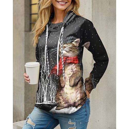 

Mujer Pull-over Sudadera navideña Ropa deportiva Festival Correa Estampado Negro Gato Fiesta Navidad Cuello de pila Manga Larga Top Microelástico Otoño invierno