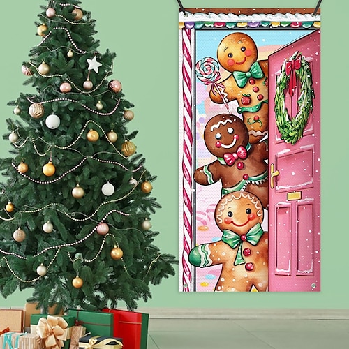 

Natal boneco de gengibre capas de porta porta tapeçaria cortina de porta decoração de natal pano de fundo banner de porta para porta da frente materiais de decoração de festa de feriado de natal