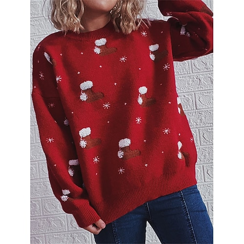 

Mujer Suéter navideño feo Suéter de punto Cuello Barco Estriado Tejer Polyester Retazos Otoño Invierno Regular Exterior Navidad Diario Elegante Casual Suave Manga Larga Bloque de color Copo Rojo S M L